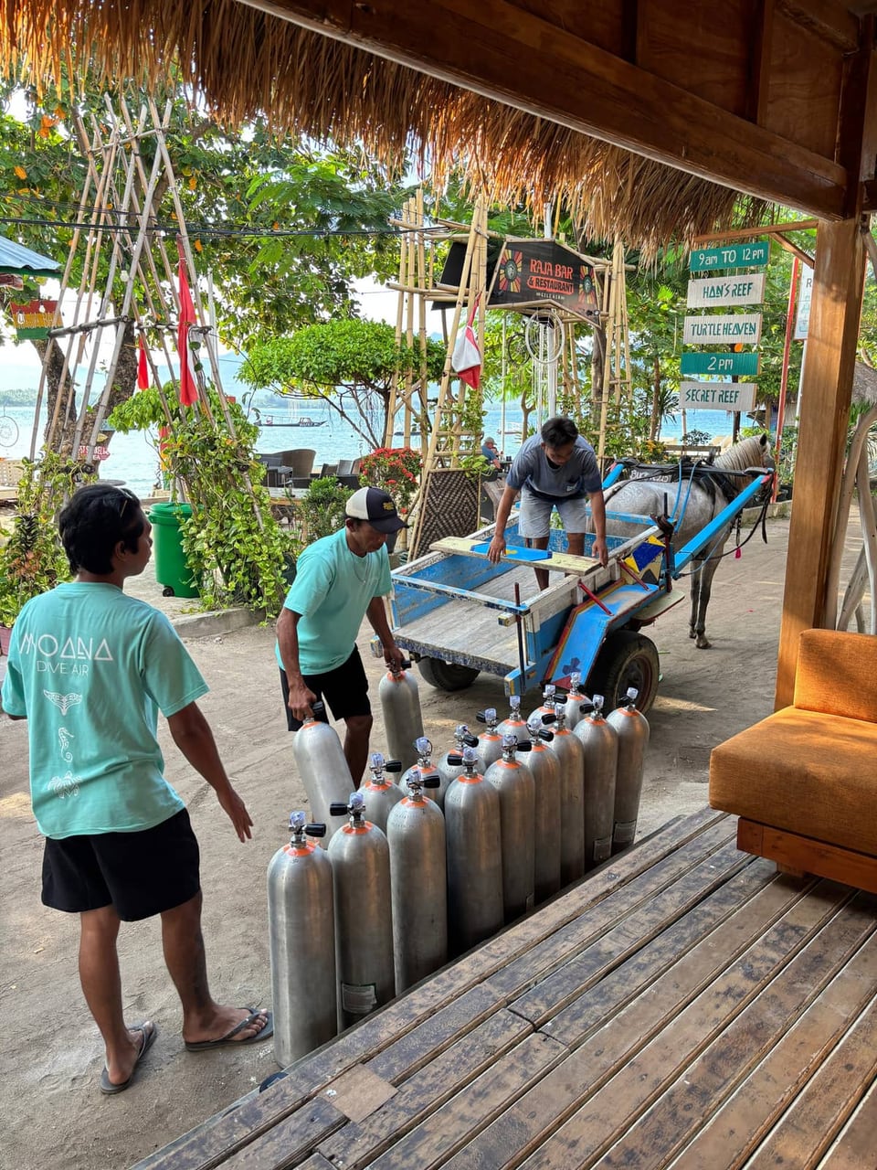 A crew member loading scuba tanks onto a horse cart on Gili Air